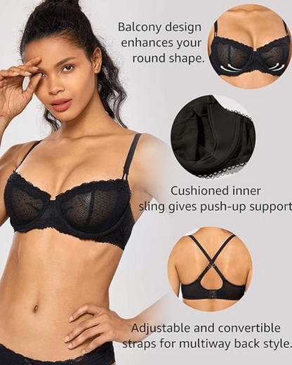 Sexy Lace Bra Underwire Balconette Unlined Demi Sheer Plus Size