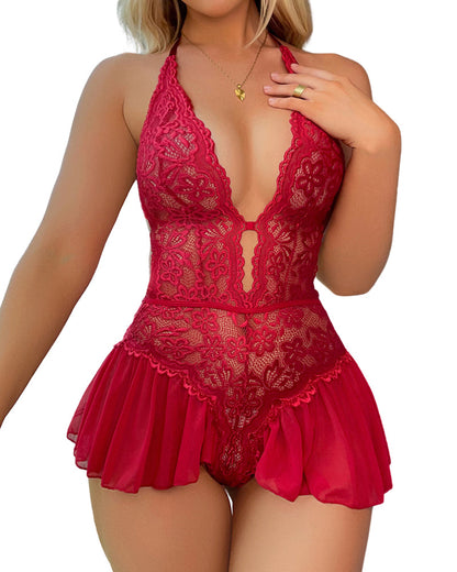 Lace Halter Teddy with Sheer Skirt