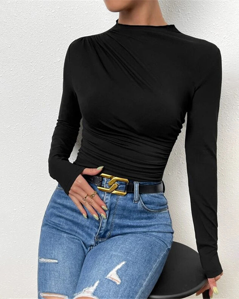 Slim Fit Ruched High-Neck T-Shirt Top