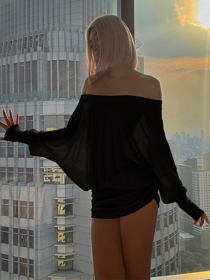 Women's Solid Off The Shoulder Sheer Ruched Dress