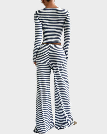 Stripe Crop Top & Wide Leg Two-Piece Lounge Set