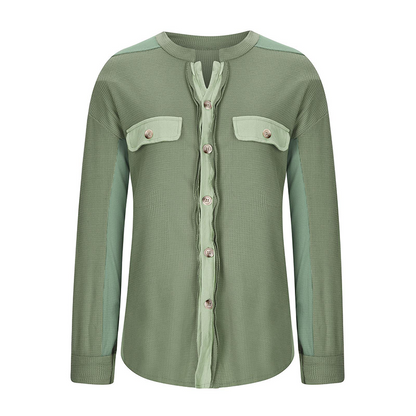 Women's Loose Fit Batwing Sleeve Waffle Knit Button Down Shirt Shacket Tops