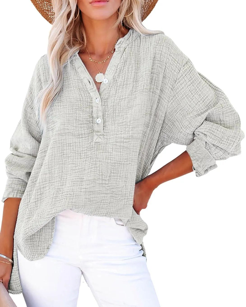 Womens Casual Button V Neck Long Sleeve Shirts Solid Blouses Tops