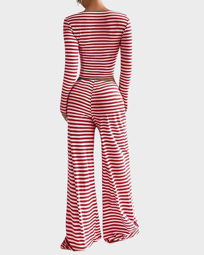 Stripe Crop Top & Wide Leg Two-Piece Lounge Set