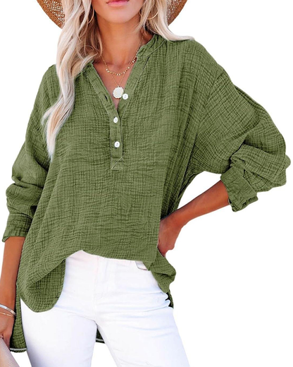 Womens Casual Button V Neck Long Sleeve Shirts Solid Blouses Tops