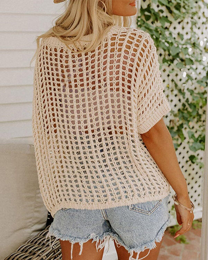 Women's Summer Short Sleeved Hollow Knitted Top Beach Wear