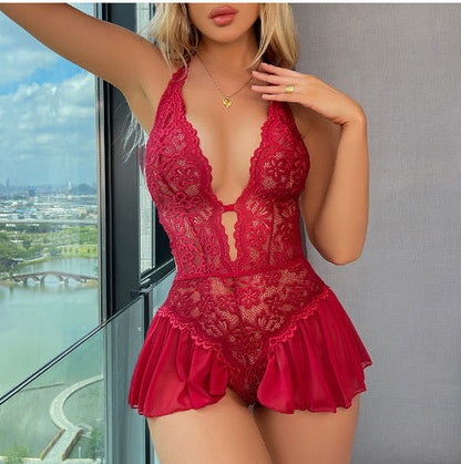 Women's Solid Color Lace Sexy Breathable Lingerie Teddy Bodysuit