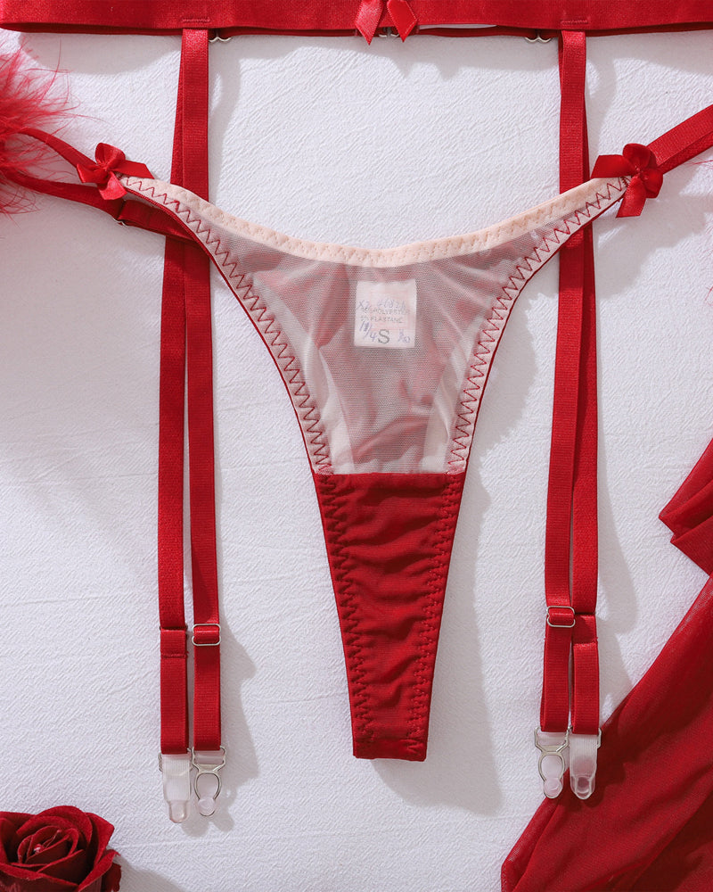 Sexy Bowknot Mesh Panel Bra and Panty Set + Gloves + Stockings