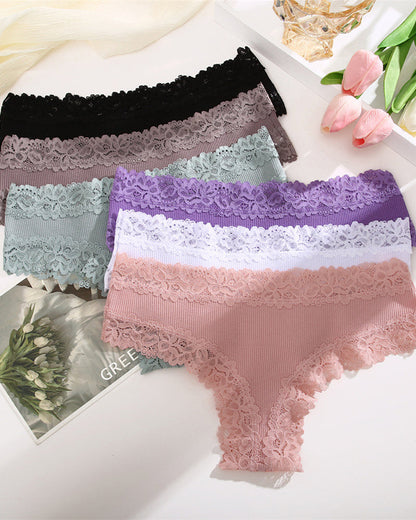 Ribbed Cotton Lace Mid-Rise Panty(9 pack）