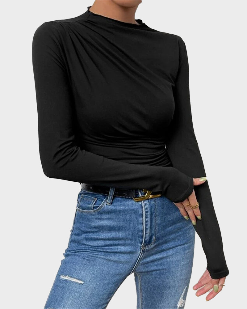 Slim Fit Ruched High-Neck T-Shirt Top