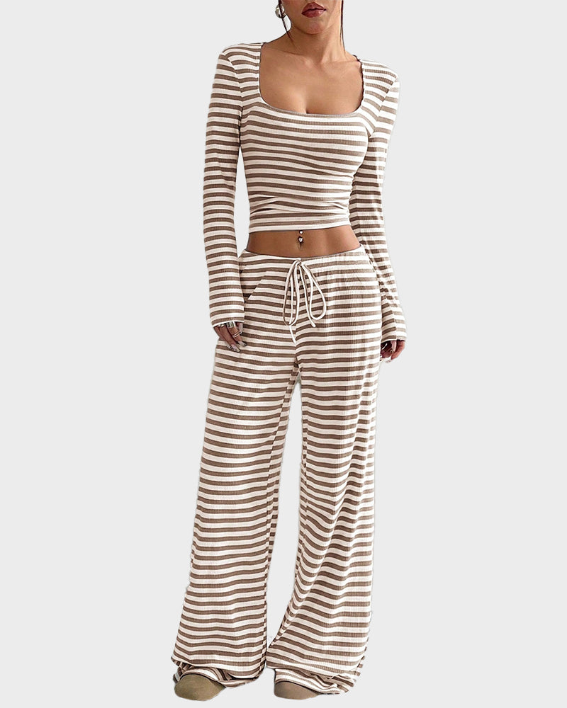 Stripe Crop Top & Wide Leg Two-Piece Lounge Set