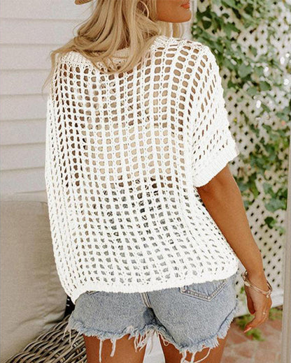 Women's Summer Short Sleeved Hollow Knitted Top Beach Wear