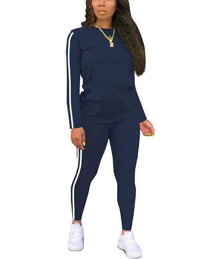 Women's Striped Print Long Sleeve Top & Pants Two-piece Set