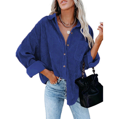 Women's Plain Pocket Button Front Corduroy Shirt